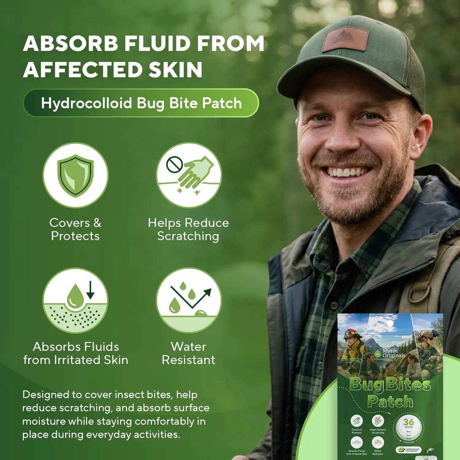 BugBites Patch covers and protects, helps reduce scratching and absorbs fluids from irritated skin