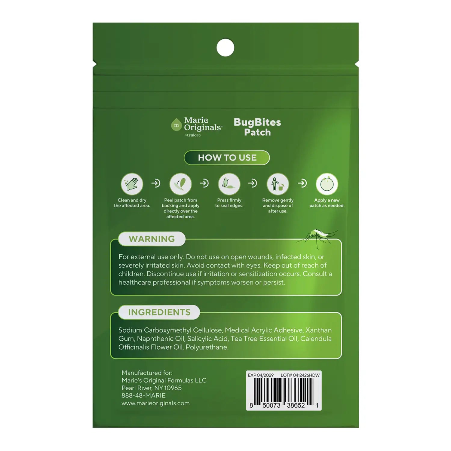 BugBites Patch back of pack with how to use, warning and full ingredient list