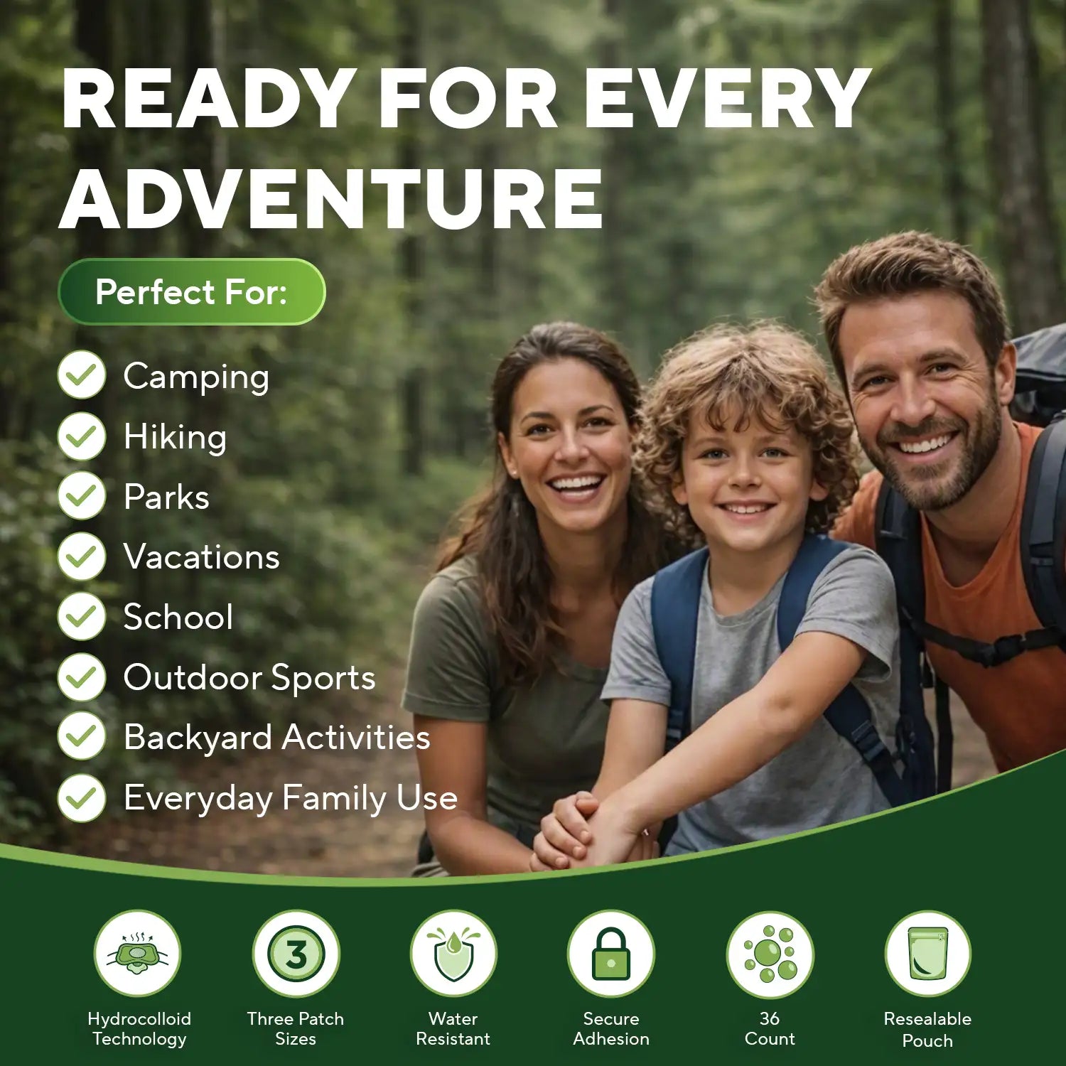 Family hiking with BugBites Patch, for camping, parks, school and outdoor sports