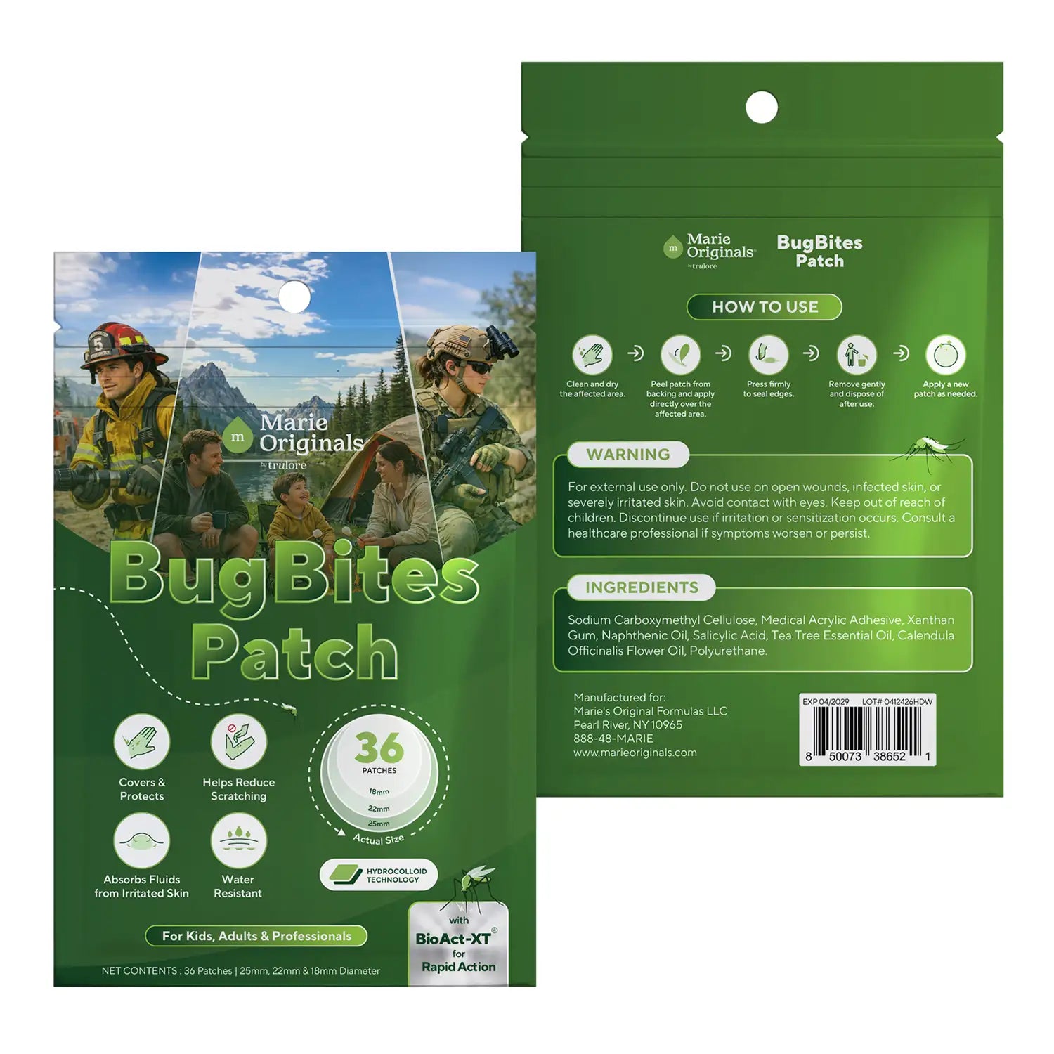 BugBites Patch resealable pouch shown front and back