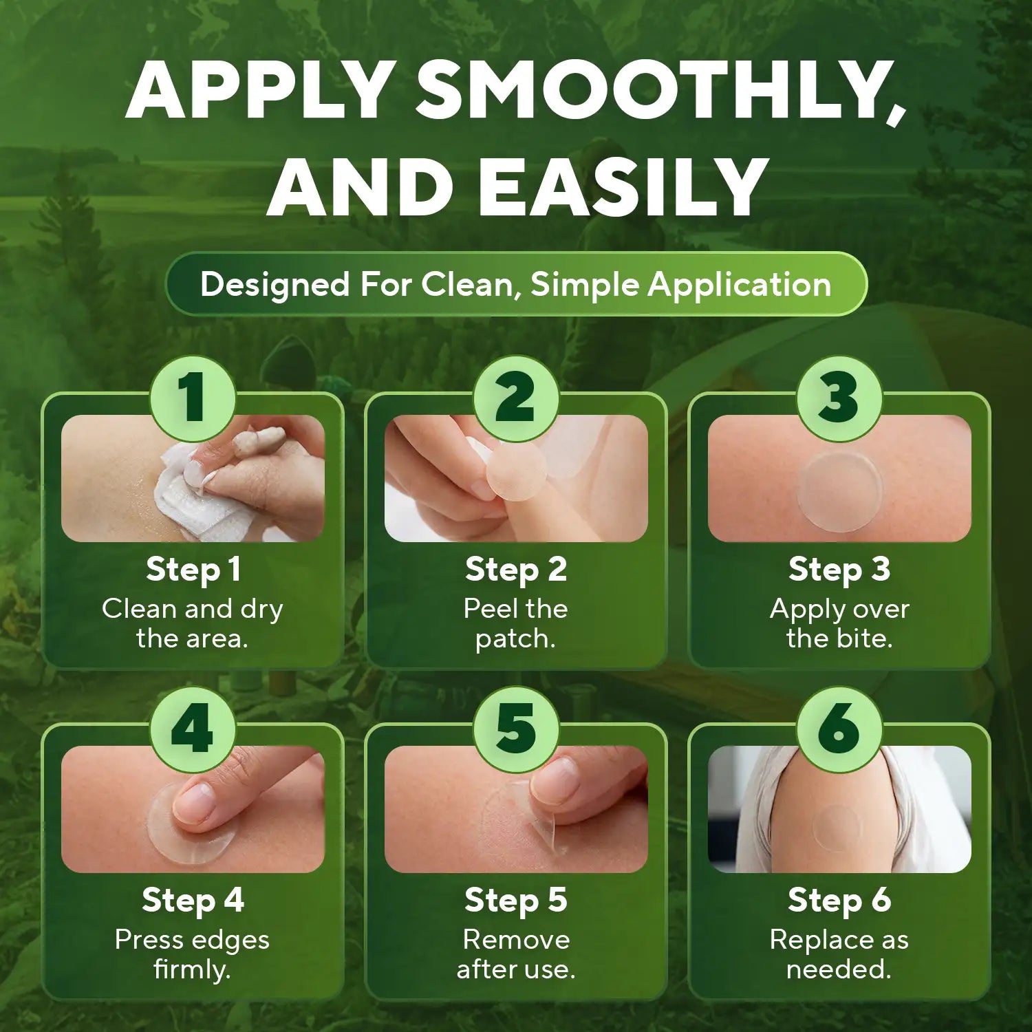 How to apply a BugBites Patch in six steps, from cleaning the area to replacing the patch