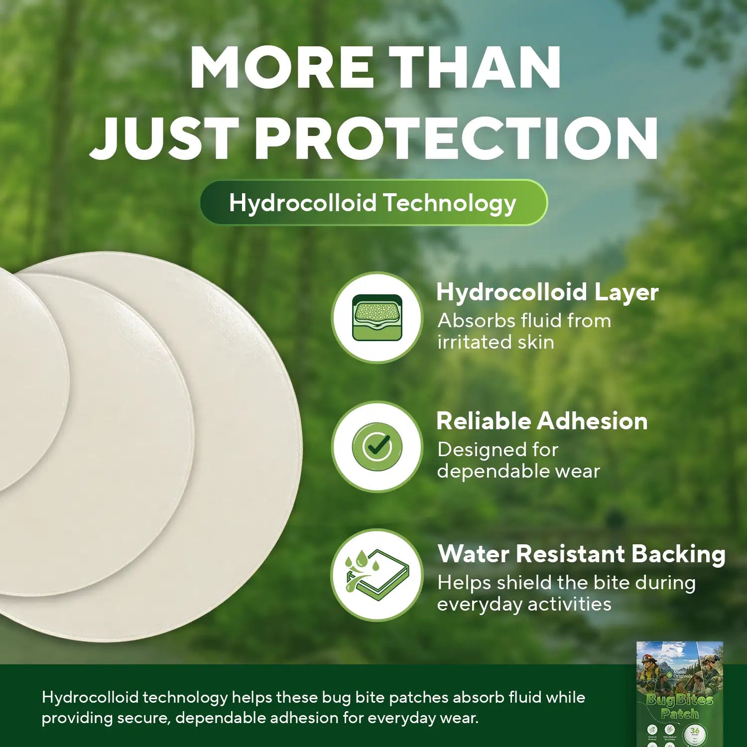 BugBites Patch hydrocolloid layer, reliable adhesion and water resistant backing