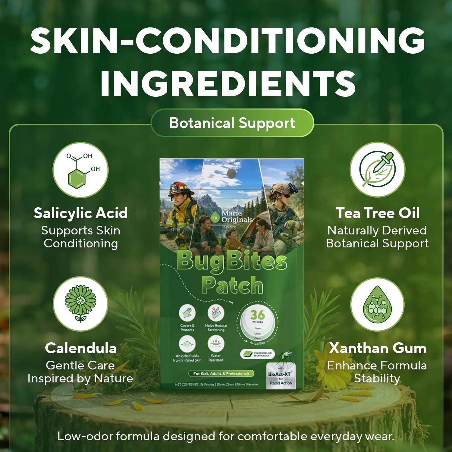 BugBites Patch ingredients: salicylic acid, tea tree oil, calendula and xanthan gum