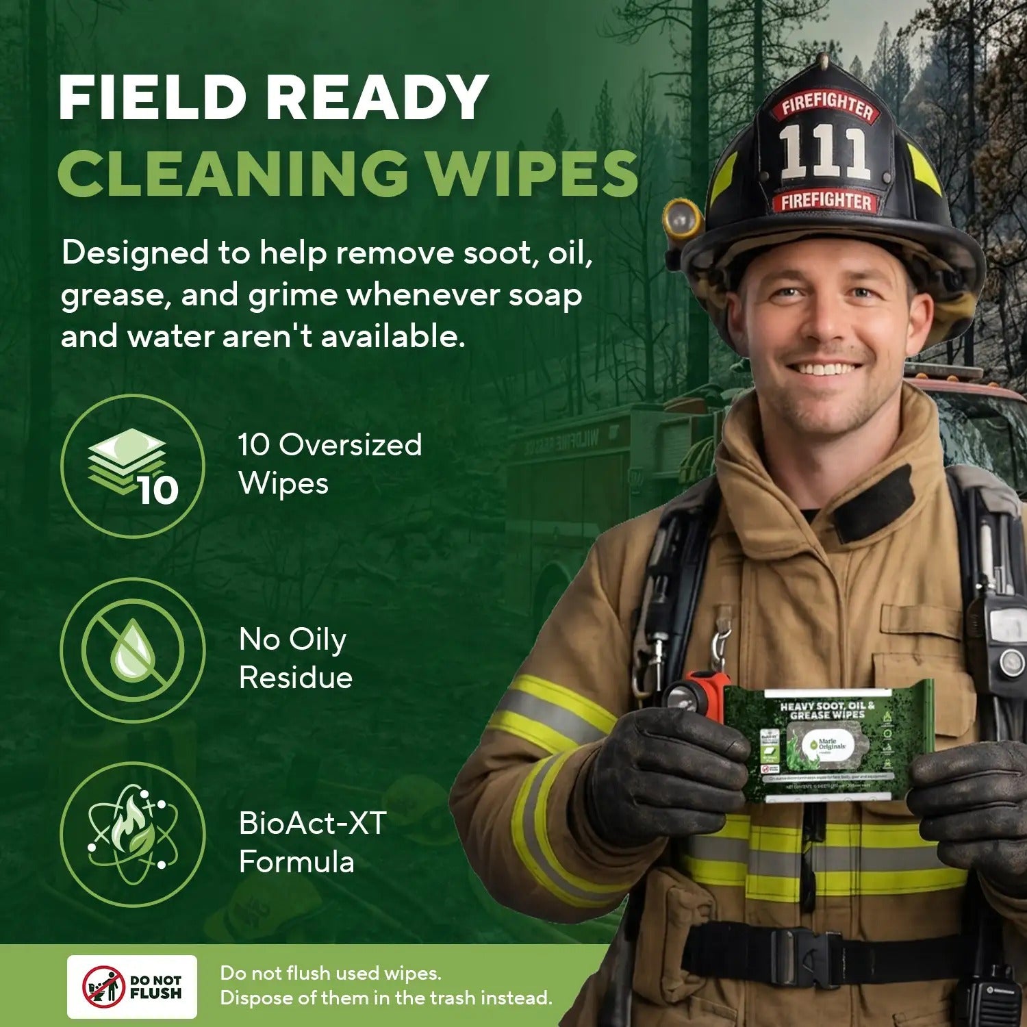 Firefighter holding the pack: field-ready cleaning wipes for when soap and water are not available
