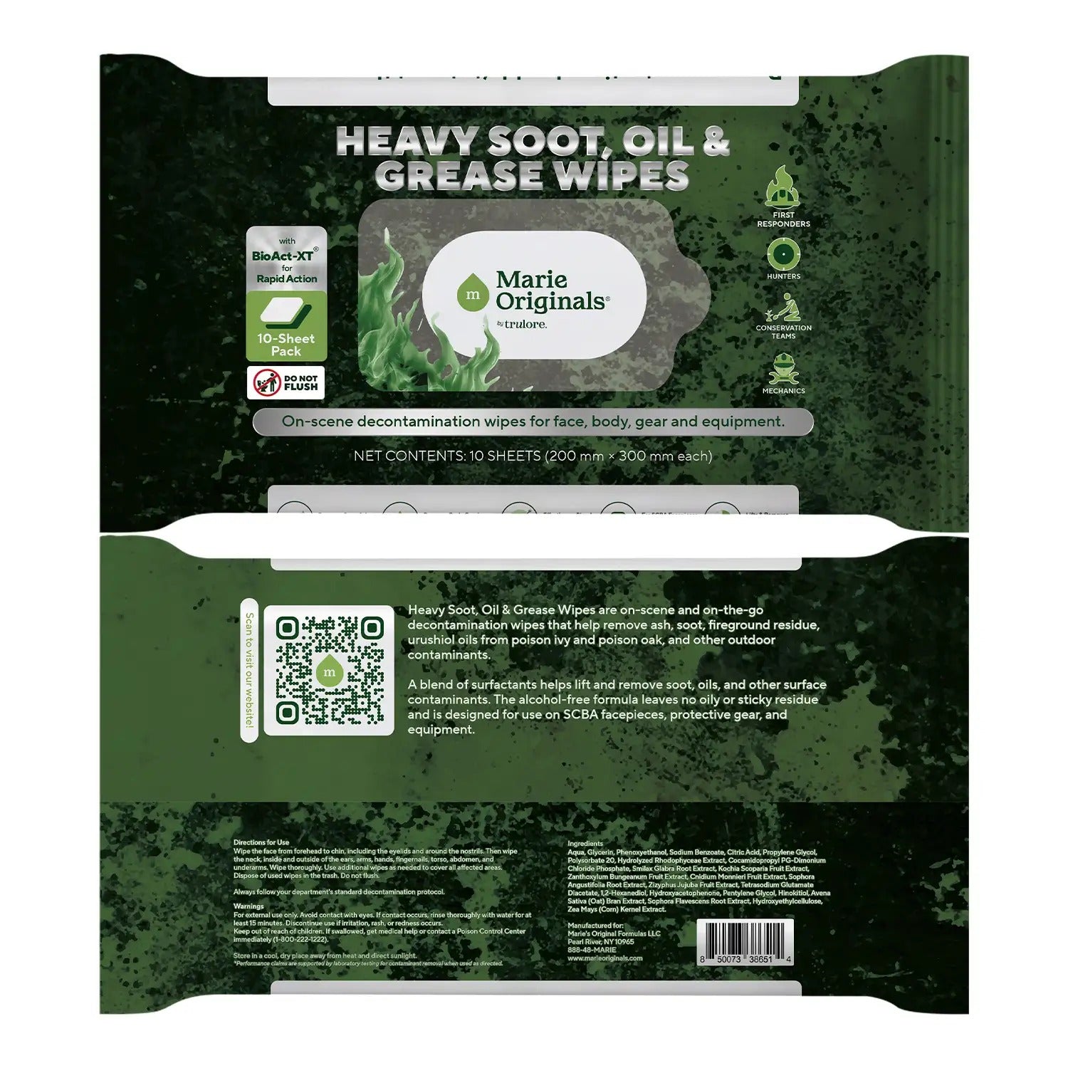 Front and back of the Heavy Soot, Oil & Grease Wipes pouch