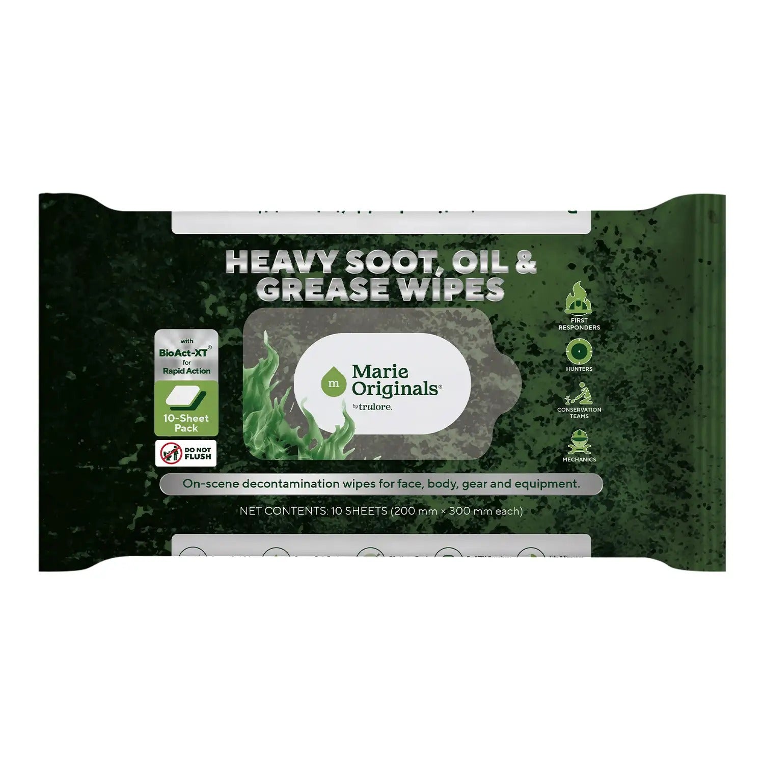 Marie Originals Heavy Soot, Oil & Grease Wipes, 10-sheet pack, front of pouch