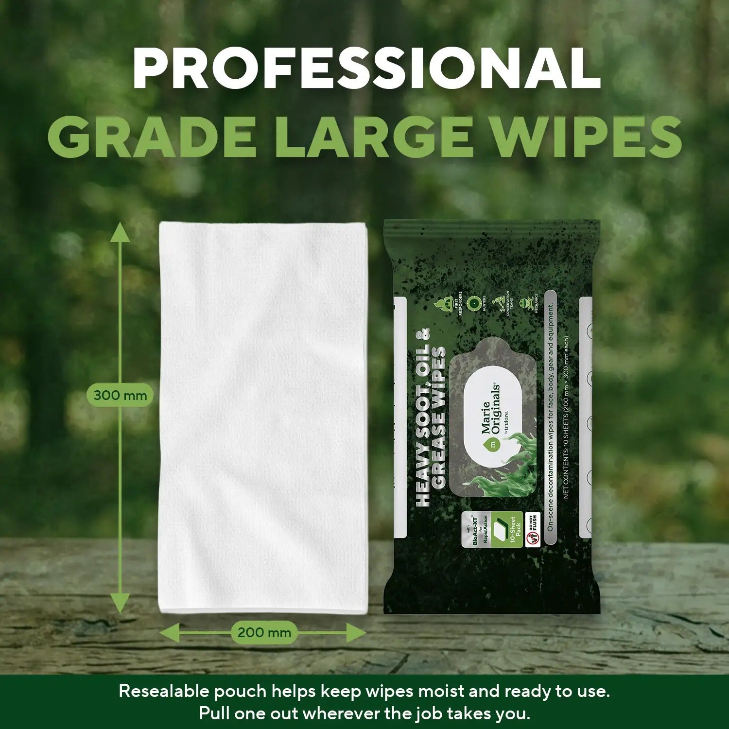 Professional-grade wipe measuring 300 mm by 200 mm in a resealable pouch