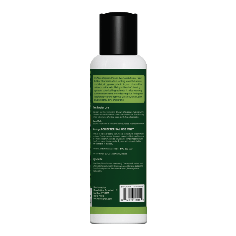 Back label of the Heavy Outdoor Cleanser showing directions for use, warnings and full ingredient list